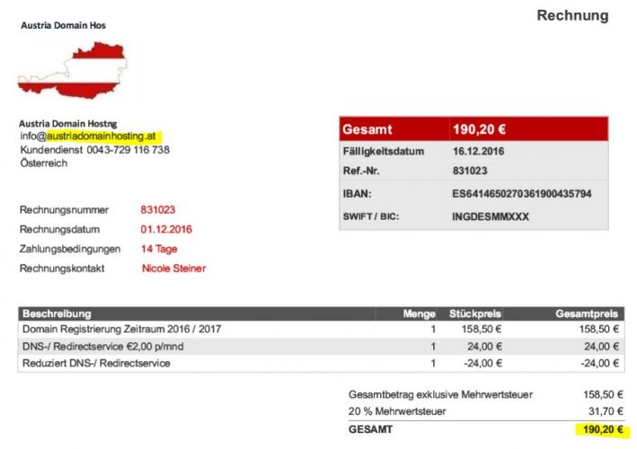 190 Euro für austriadomainhosting.at - nicht bezahlen!