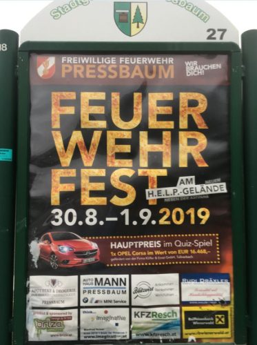 Wir unterstützen das Feuerwehrfest Pressbaum 2019 30.August - 1.September